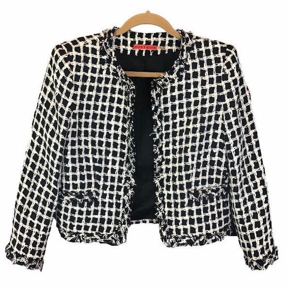 Alice + Olivia Jackets & Blazers - Alice + Olivia Addison Tweed Blazer Jacket Boxy Cropped Frayed Fringe Medium